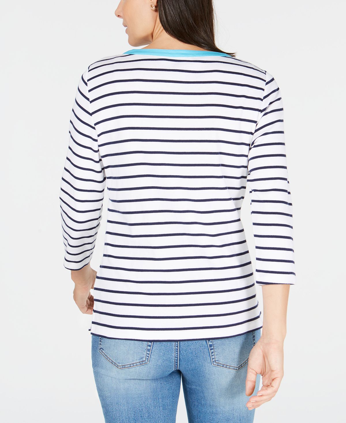 Karen Scott Cotton Contrasting Trim Striped Top Blue Size XL
