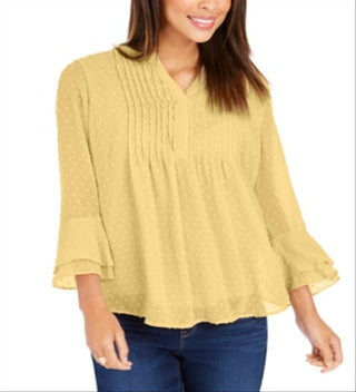 Charter Club Women's Double Ruffle Textured Pintuck Top Yellow Size Petite XL