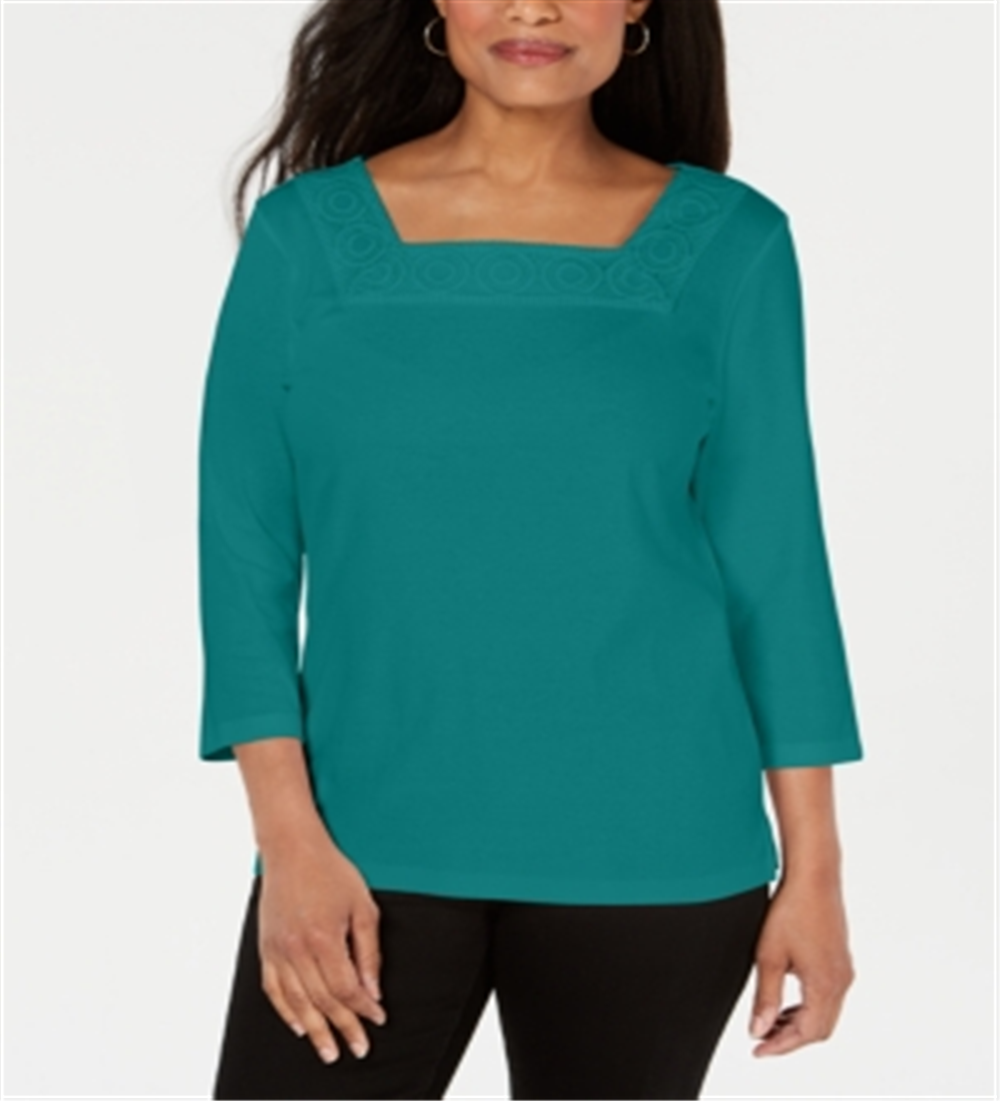 Karen Scott Women's Crochet Square Neck Top Green Size Small