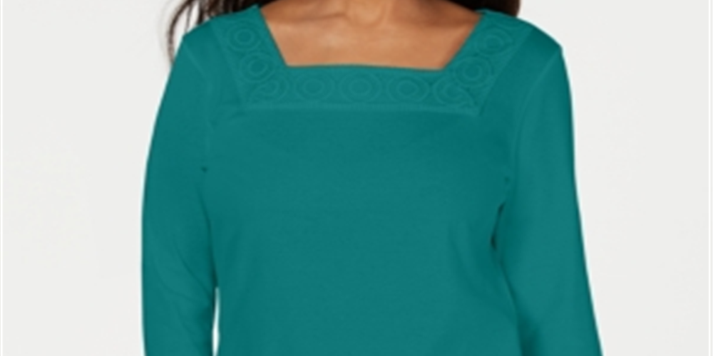 Karen Scott Women's Crochet Square Neck Top Green Size Small