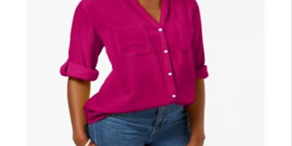 Charter Club Women's Roll Tab Button Down Top Pink Size Small