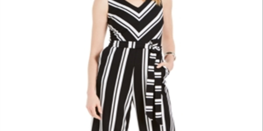 Charter Club Women's Striped Belted Jumpsuit  Black Size Small