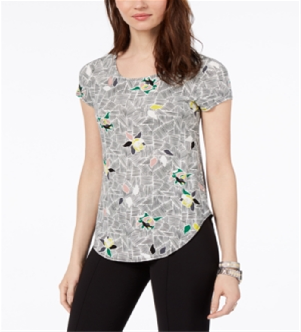 Alfani Women's Printed Round Hem T-Shirt Gray Size Petite Medium