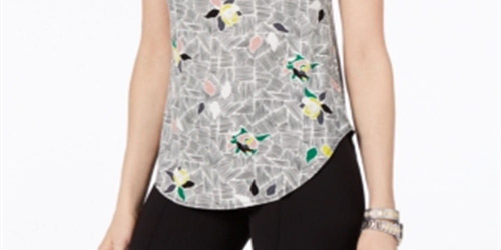 Alfani Women's Printed Round Hem T-Shirt Gray Size Petite Medium