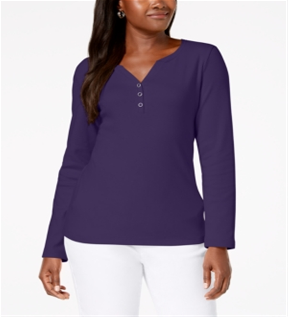 Karen Scott Women's Cotton Henleyn Neck Top Purple Size Petite L