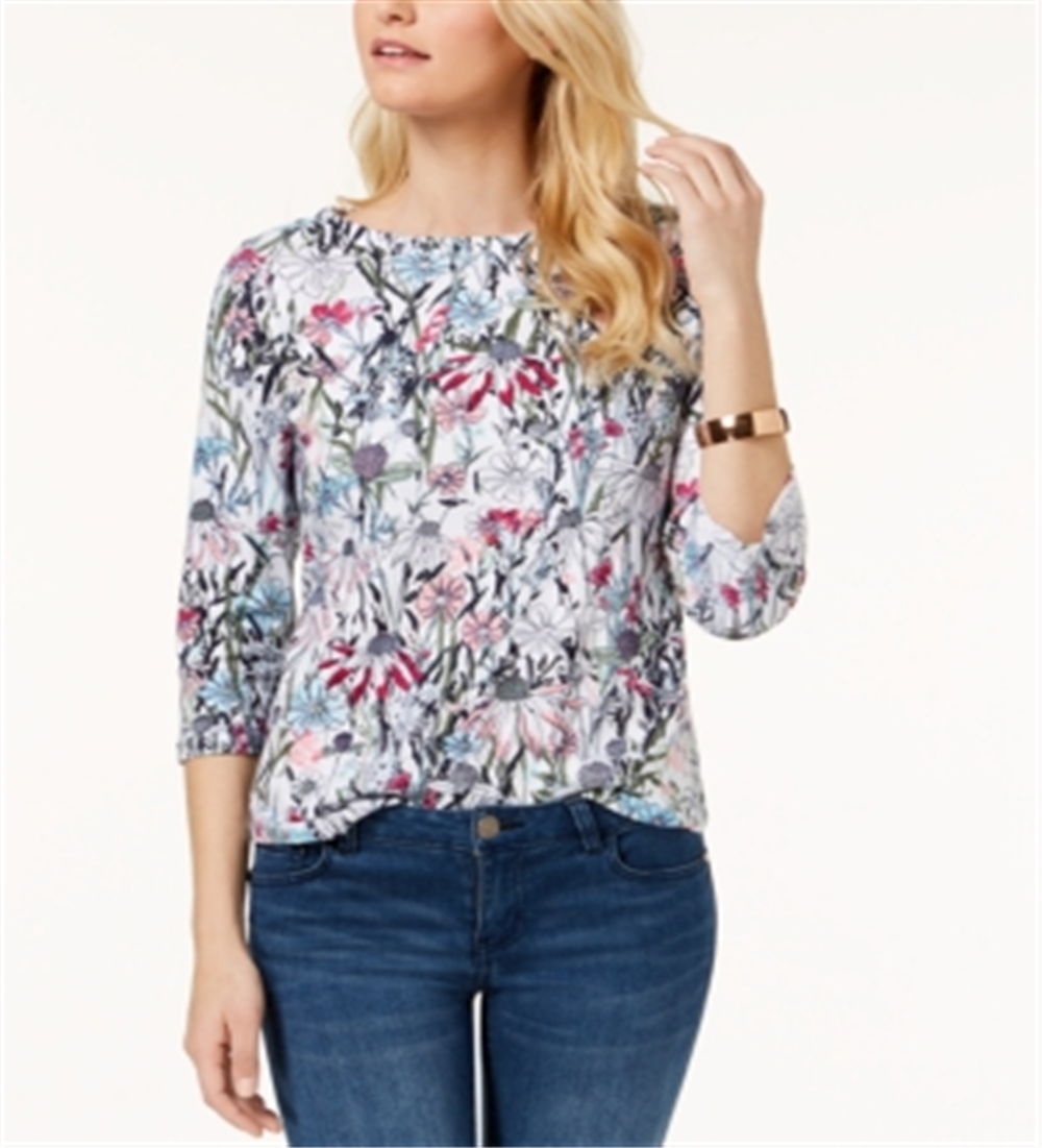 Charter Club Women's Button Shoulder Floral 3/4 Sleeve Top White Size Petite Small