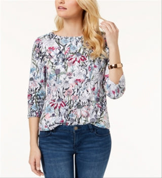Charter Club Women's Button Shoulder Floral 3/4 Sleeve Top White Size Petite Small