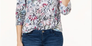 Charter Club Women's Button Shoulder Floral 3/4 Sleeve Top White Size Petite Small