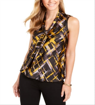 Kasper Women's Paint Strokes Tie Neck Blouse Yellow Size Medium