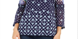 Charter Club Women's Printed Knit Mesh Top Blue Size XX-Large