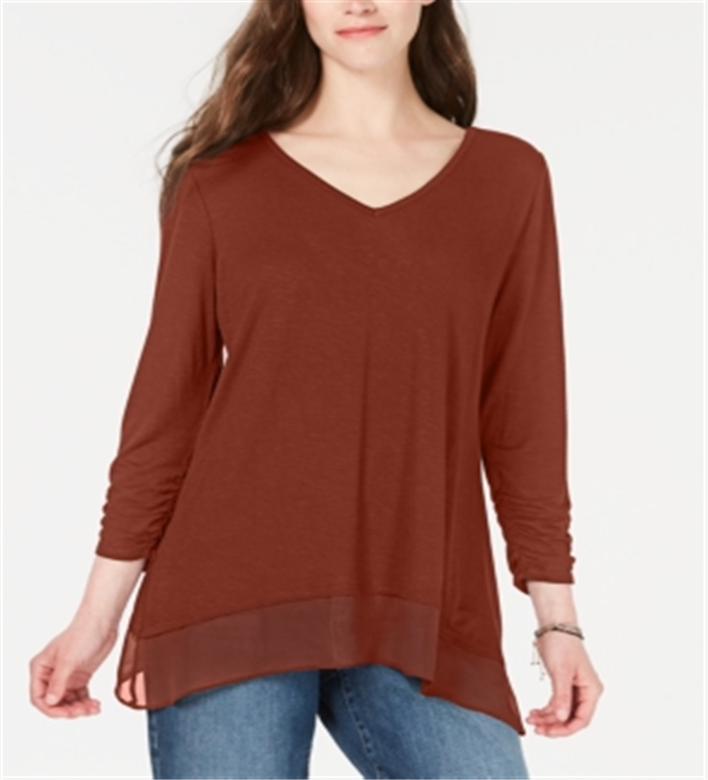 Style & Co Women's V Neck Chiffon Hem Top Red Size Large