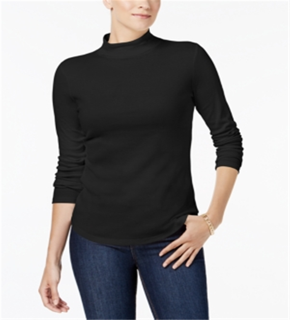 Charter Club Women's Cotton Mock Neck Top Black Size X-Small