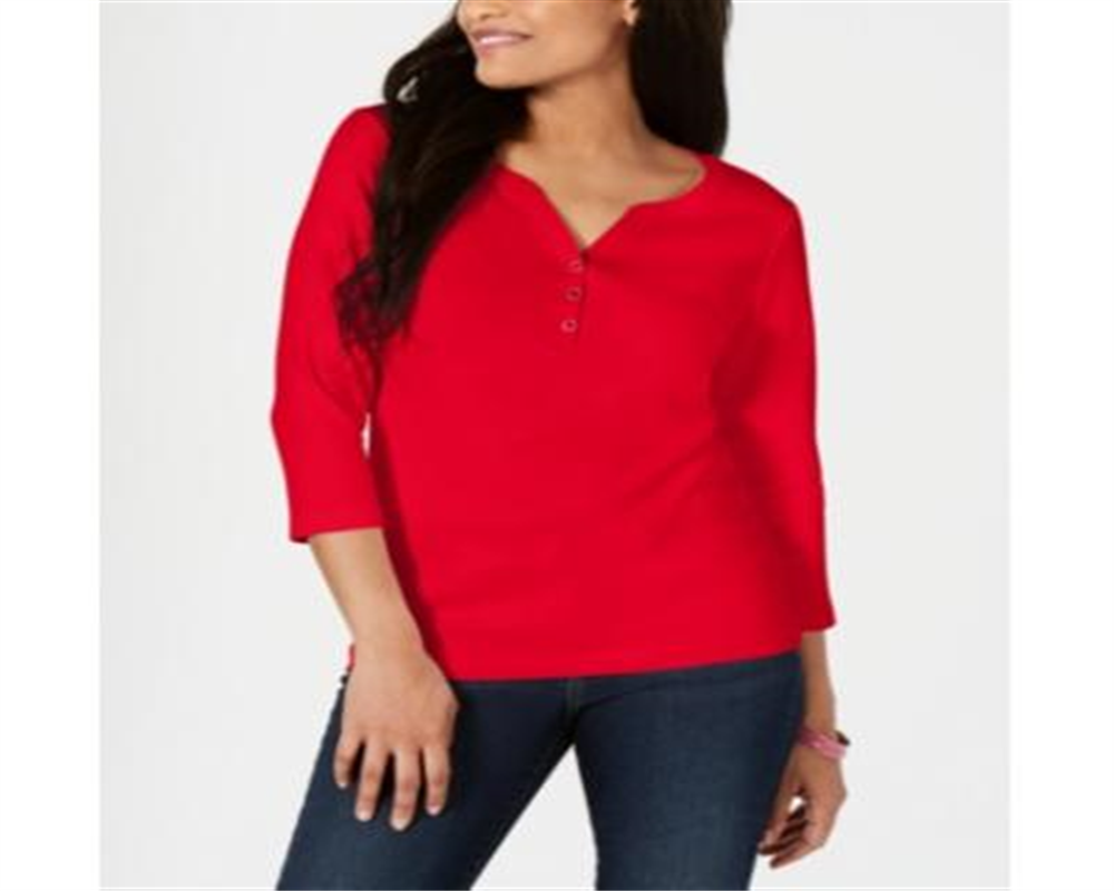 Karen Scott Women's Cotton Henley Top Red Size X-Small