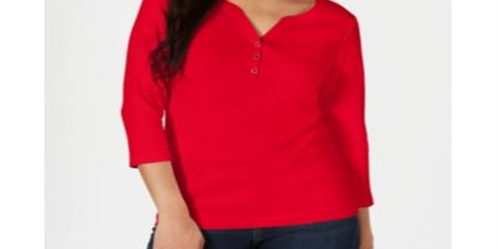 Karen Scott Women's Cotton Henley Top Red Size X-Small