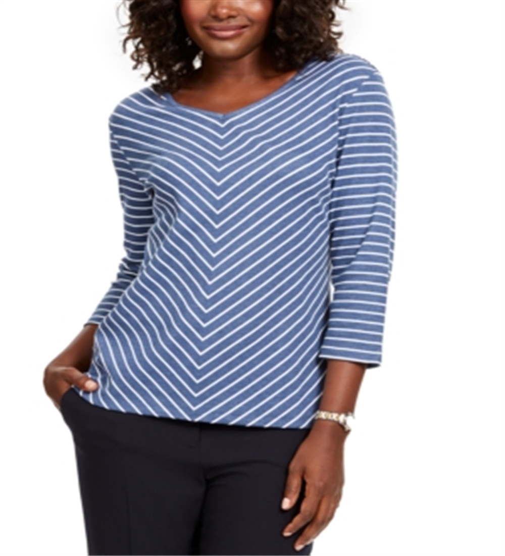 Karen Scott Women's Striped V Neck Top Blue Size X-Small