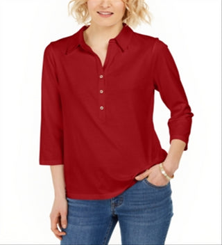 Charter Club Women's Supima Cotton 3/4 Sleeve Polo Red Size Small
