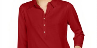 Charter Club Women's Supima Cotton 3/4 Sleeve Polo Red Size Small