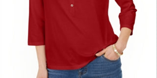 Charter Club Women's Supima Cotton 3/4 Sleeve Polo Red Size Small
