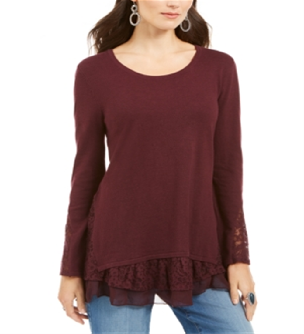 Style & Co Women's Lace Trimmed Long Sleeve Top Berry Jam Size Petite S