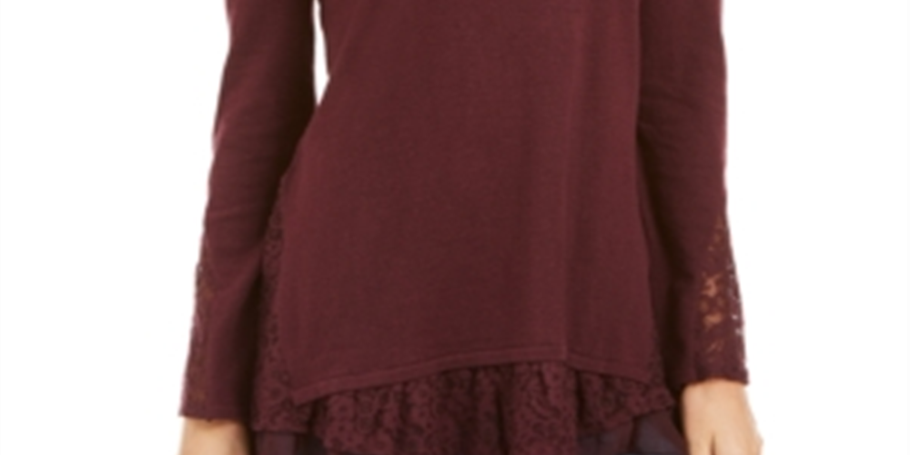 Style & Co Women's Lace Trimmed Long Sleeve Top Berry Jam Size Petite S