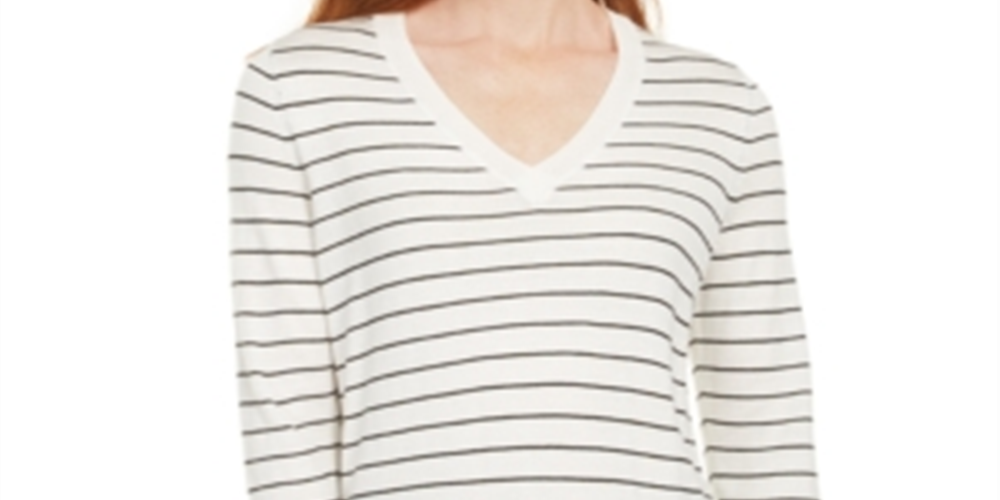 Maison Jules Women's Skinny Striped Pullover Sweater White Size Large