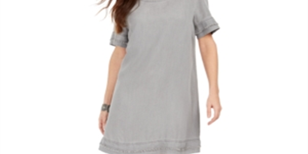 Style & Co Women's Fringed Denim T-Shirt Dress Gray Size X-Small