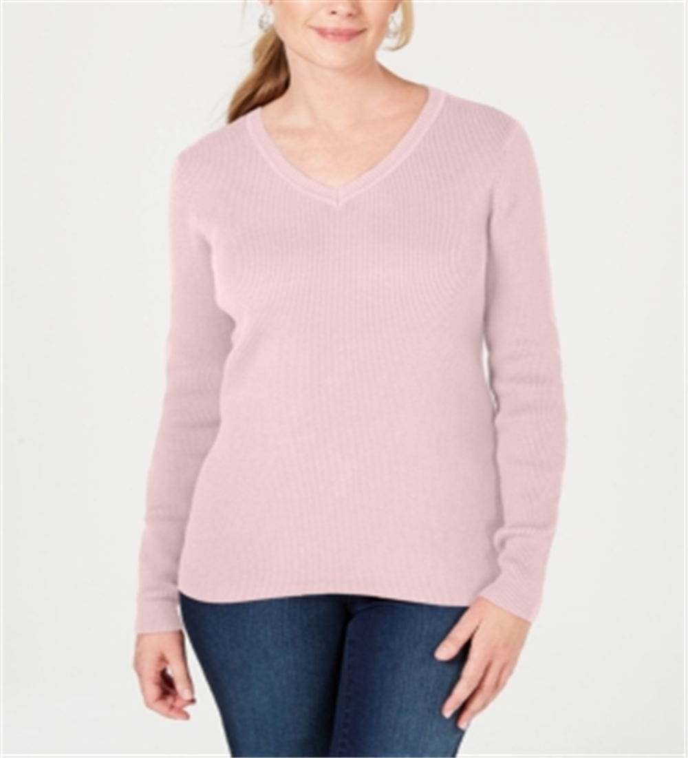 Karen Scott Women's Cotton V Neck Sweater Pink Size X-Small