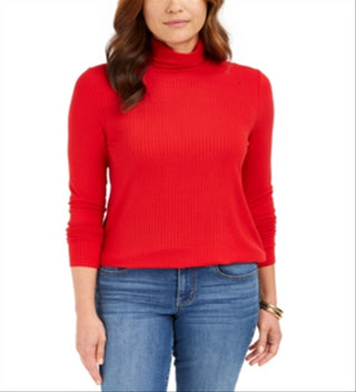 Charter Club Women's Heathered Ribbed Turtleneck Top Red Size Large