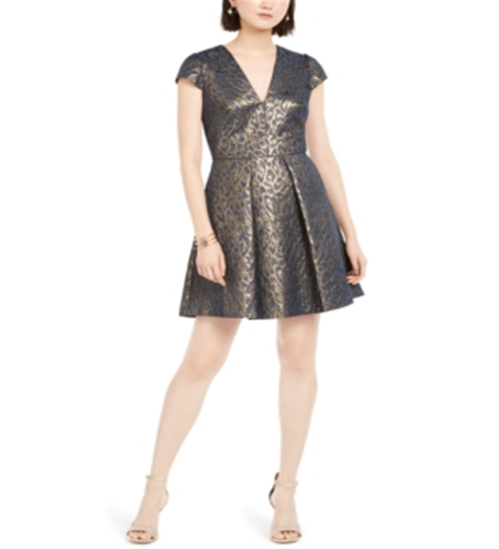 Vince Camuto Women's Fit & Flare Metallic Jacquard Dress Blue Size 4