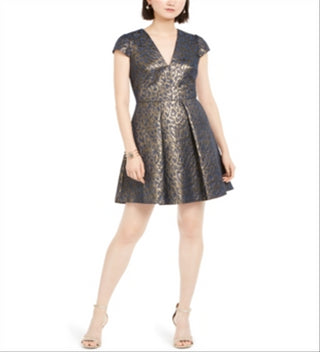 Vince Camuto Women's Fit & Flare Metallic Jacquard Dress Blue Size 4