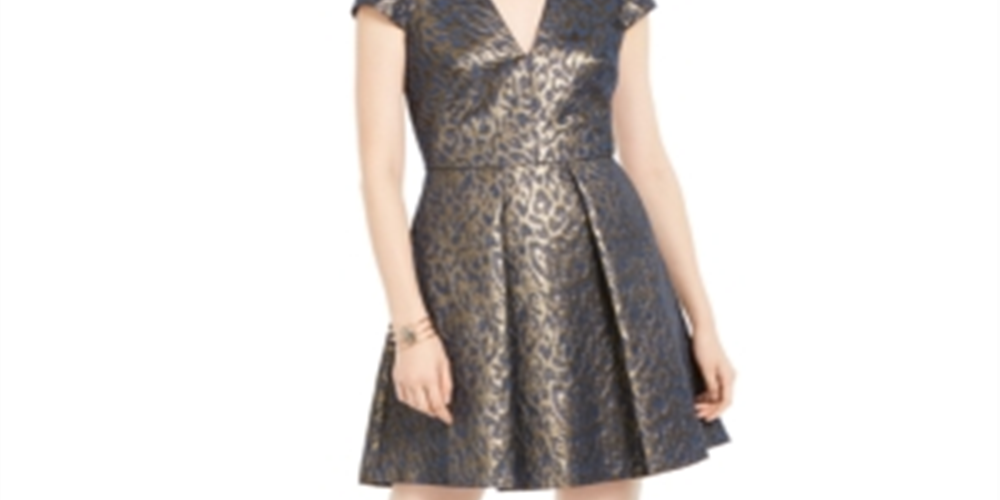 Vince Camuto Women's Fit & Flare Metallic Jacquard Dress Blue Size 4