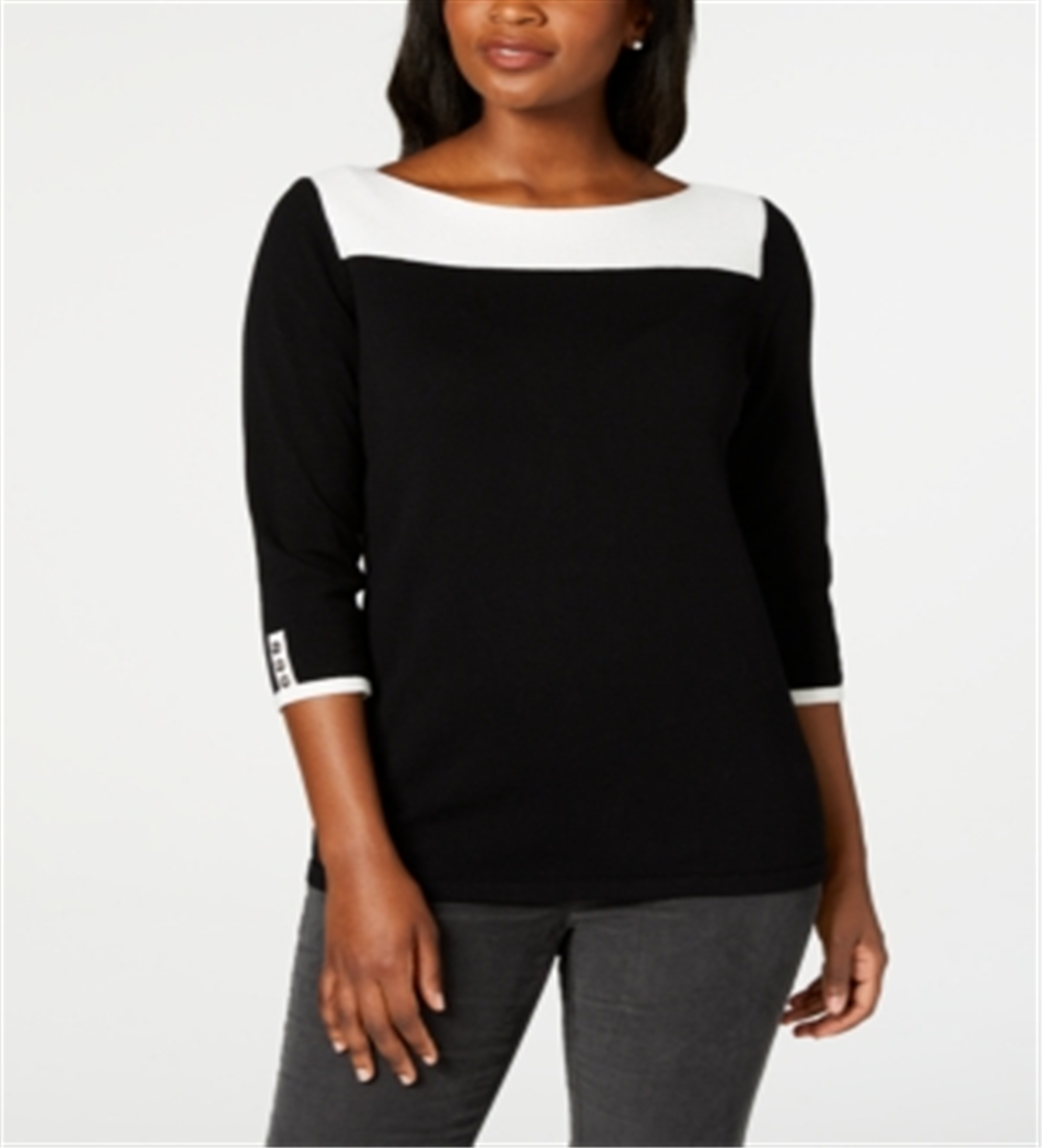 Karen Scott Women's Contrast 3/4 Sleeve Cotton Sweater Black Size Small