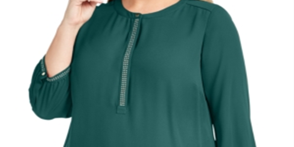 JM Collection Women's Plus Embellished Pleated Back Blouse Green Size 0X