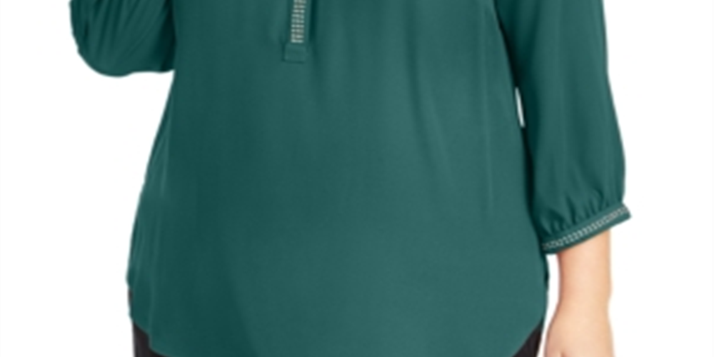 JM Collection Women's Plus Embellished Pleated Back Blouse Green Size 0X