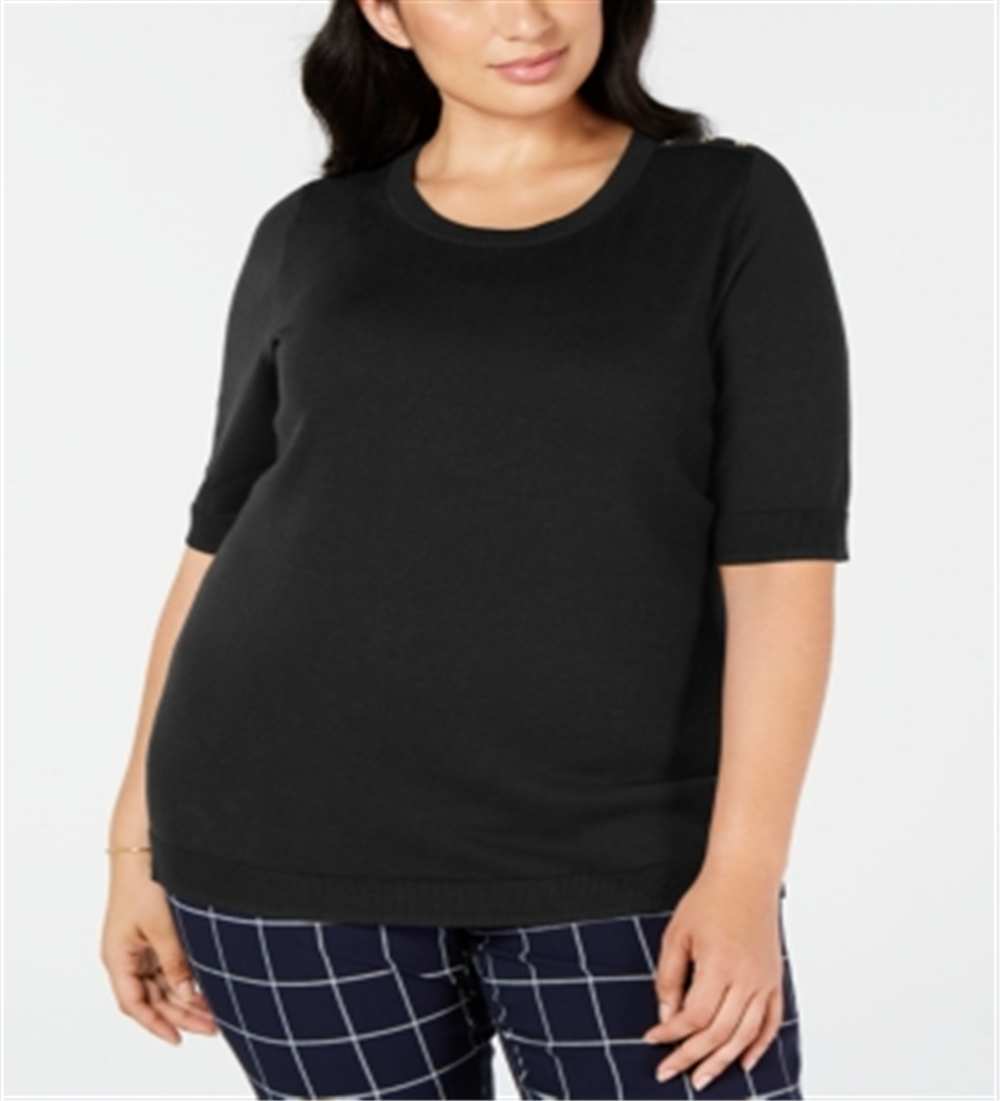 Charter Club Women's Ribbed Trim Short Sleeves Crewneck Sweater Black Size 1X