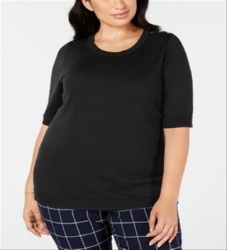 Charter Club Women's Ribbed Trim Short Sleeves Crewneck Sweater Black Size 1X