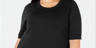 Charter Club Women's Ribbed Trim Short Sleeves Crewneck Sweater Black Size 1X