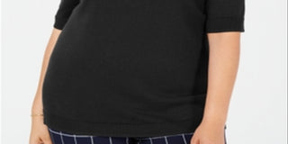 Charter Club Women's Ribbed Trim Short Sleeves Crewneck Sweater Black Size 1X