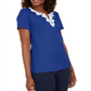 Karen Scott Women's Crochet Trim Split Neck Top Blue Size Medium