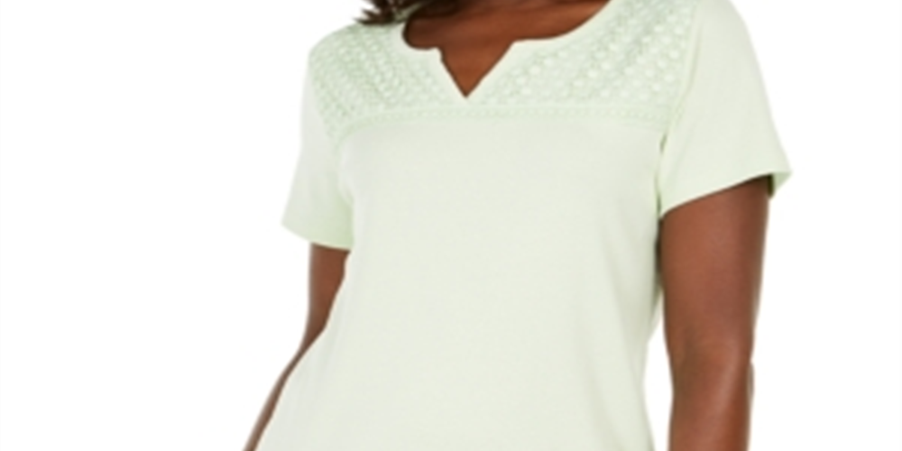 Karen Scott Women's Crochet Trim Split Neck Top Green Size Medium