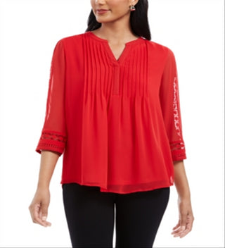 Charter Club Women's Sheer Sleeve Pintuck Top Red Size Petite L