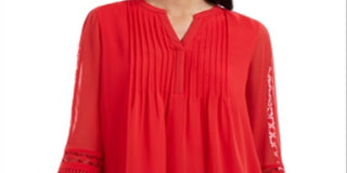 Charter Club Women's Sheer Sleeve Pintuck Top Red Size Petite L