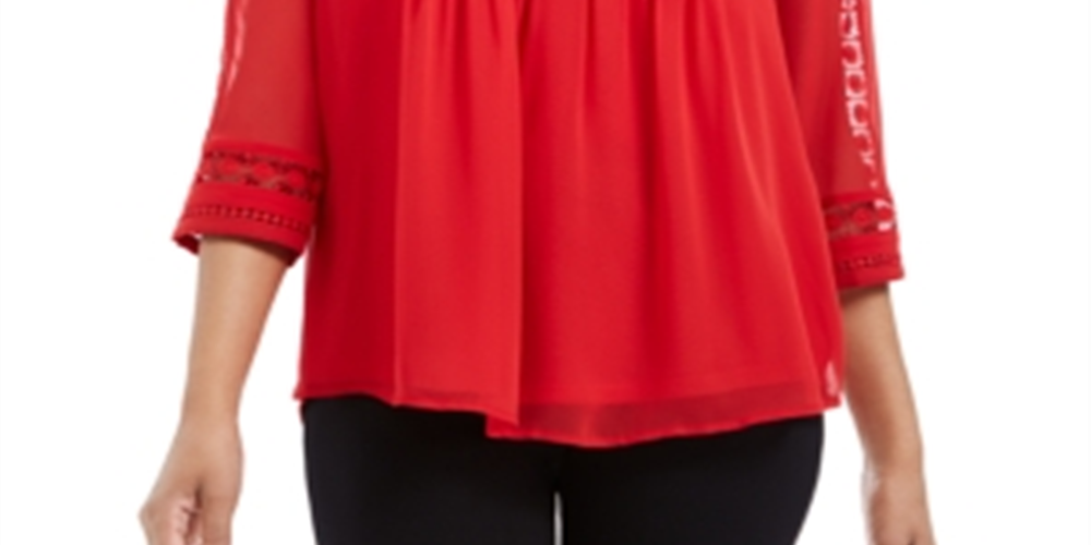 Charter Club Women's Sheer Sleeve Pintuck Top Red Size Petite L