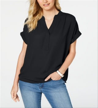 Charter Club Women's Split Neck Short Sleeve Top Black Size Small