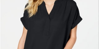 Charter Club Women's Split Neck Short Sleeve Top Black Size Small