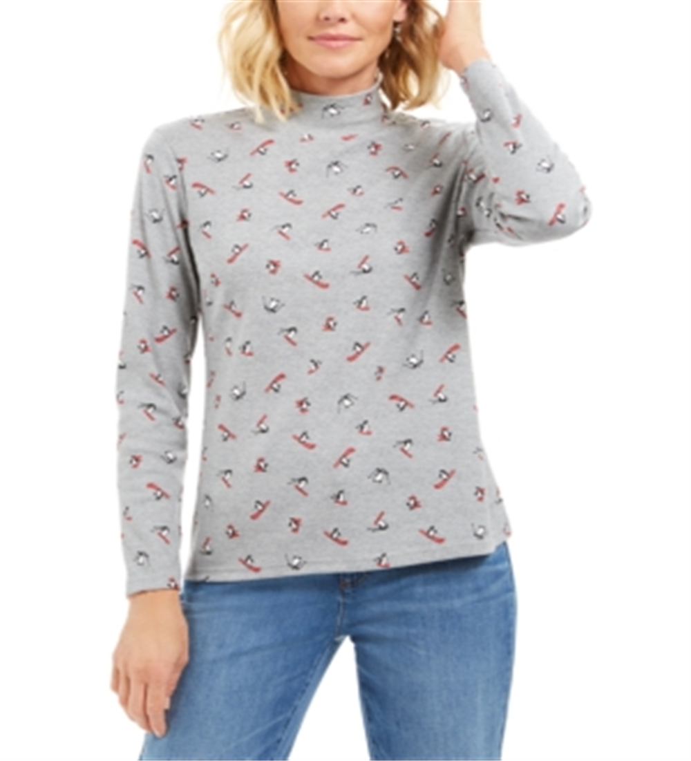 Karen Scott Women's Skiing Penguins Printed Mock Neck Top Gray Size Large