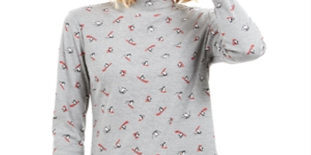 Karen Scott Women's Skiing Penguins Printed Mock Neck Top Gray Size Large
