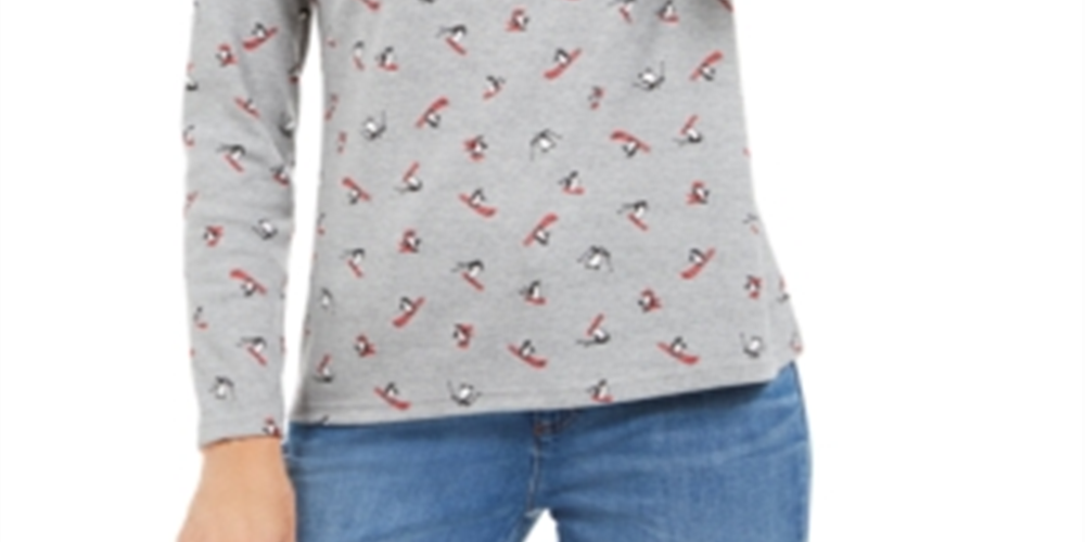 Karen Scott Women's Skiing Penguins Printed Mock Neck Top Gray Size Large