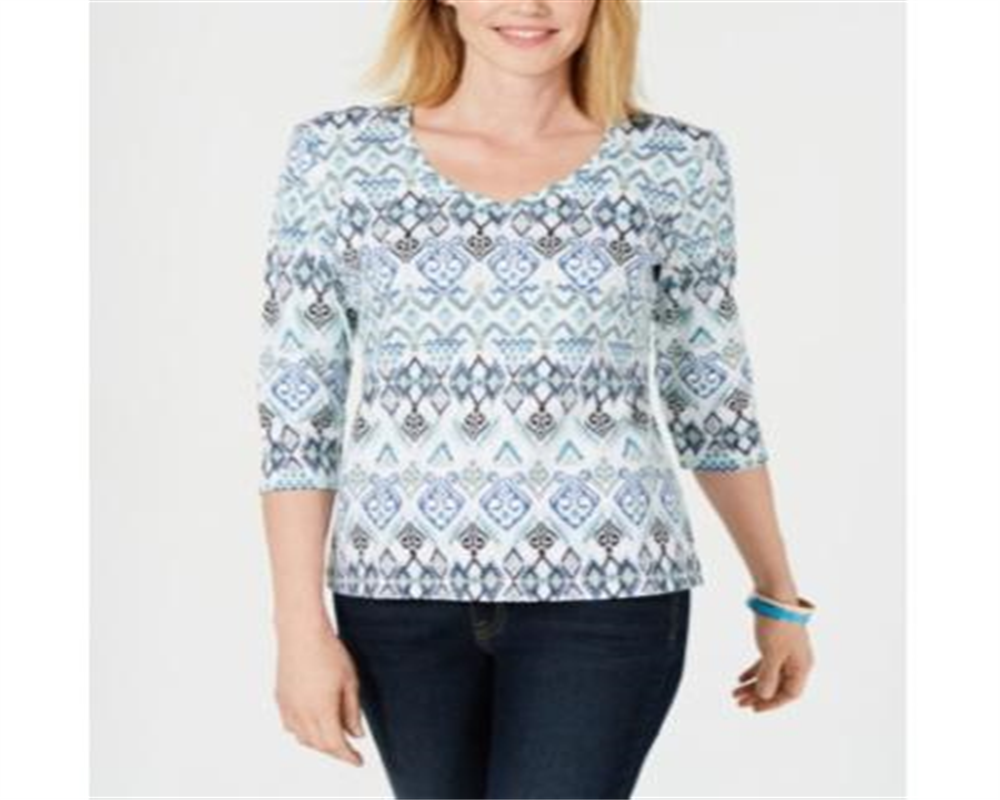 Karen Scott Women's Printed V Neck Top Blue Size Small