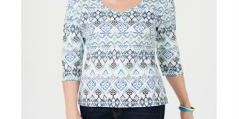 Karen Scott Women's Printed V Neck Top Blue Size Small